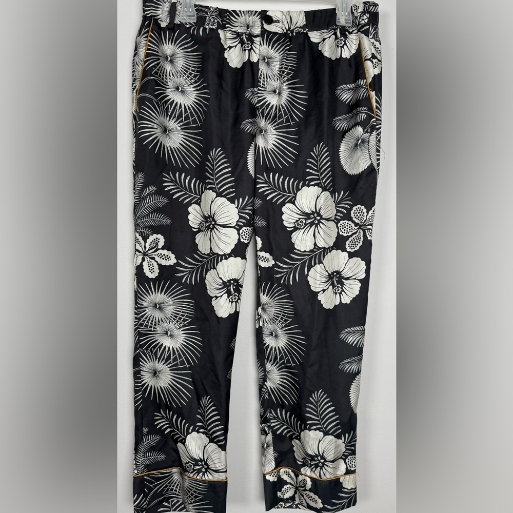 J.Crew 100% Silk Tropical Floral Pants Size 10 Black Cream Gold Piping